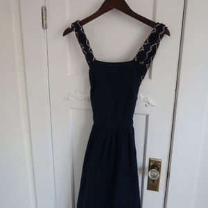 Sezane navy blue linen dress with open back, size 6